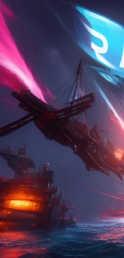 Epic pirate ship navigating stormy seas with vibrant neon colors.