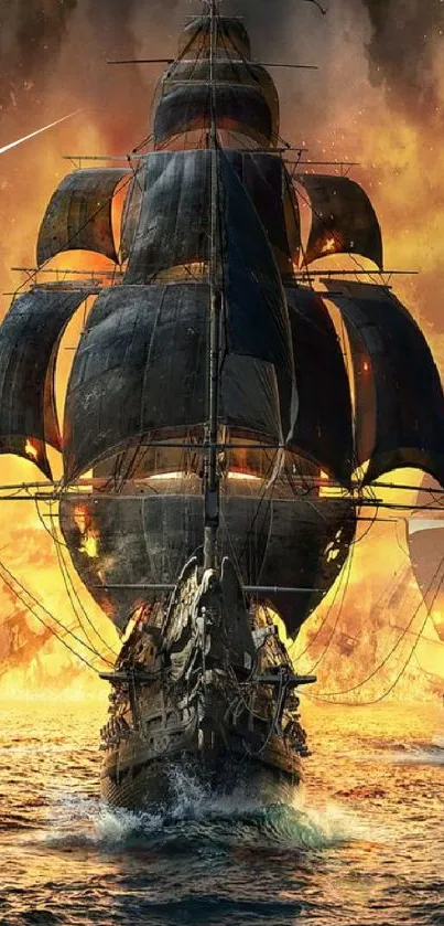 Epic pirate ship on fiery seas wallpaper.