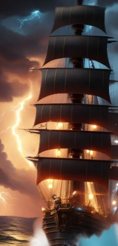 Fantasy pirate ship in a storm with lightning and dark clouds.