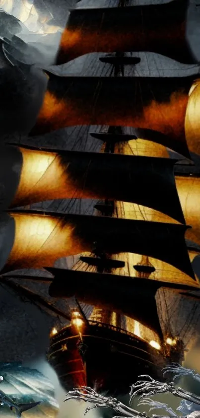 Epic pirate ship sails under twilight skies in mysterious mobile wallpaper.