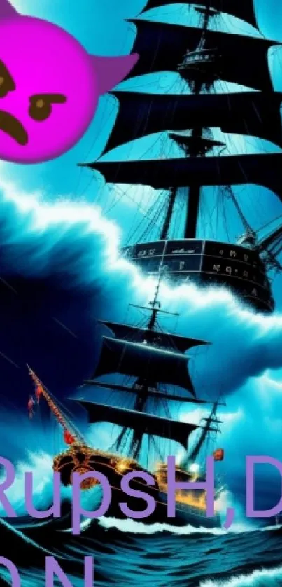 Pirate ship sailing in stormy ocean with emoji, vibrant blue theme.