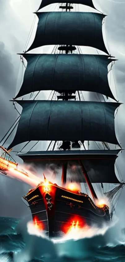 Pirate ship with dark sails and vibrant ocean waves in motion.