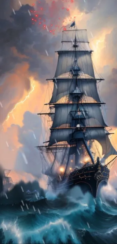 Pirate ship sailing through stormy ocean under lightning-filled sky.