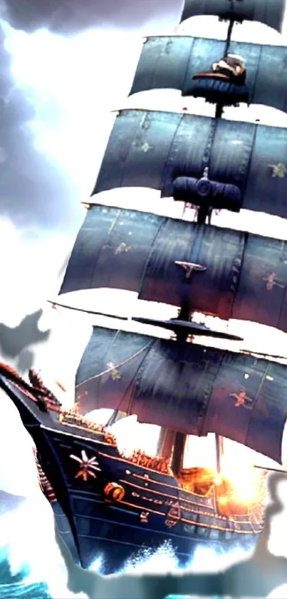 Epic pirate ship with dark sails on a stormy sea.