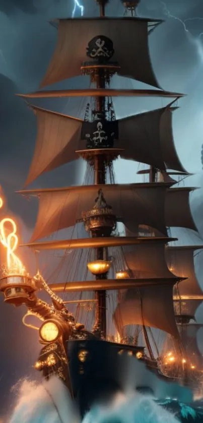 Majestic pirate ship in stormy sea with lightning.