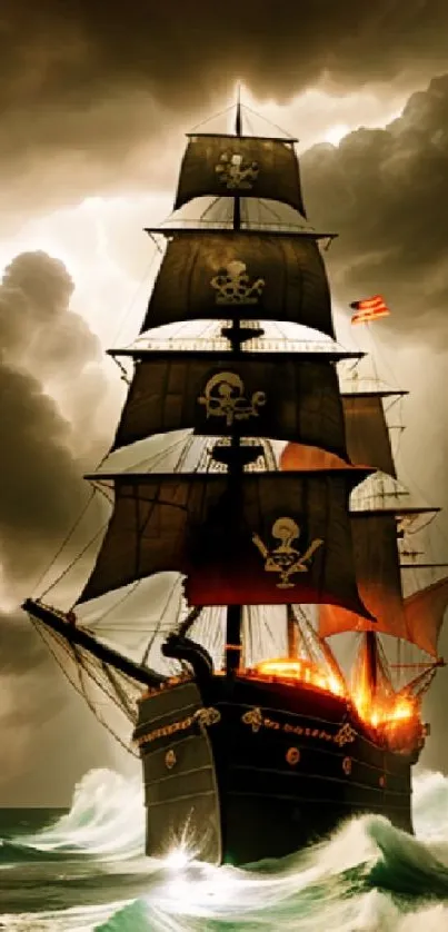 Pirate ship sailing through stormy seas with dramatic skies.