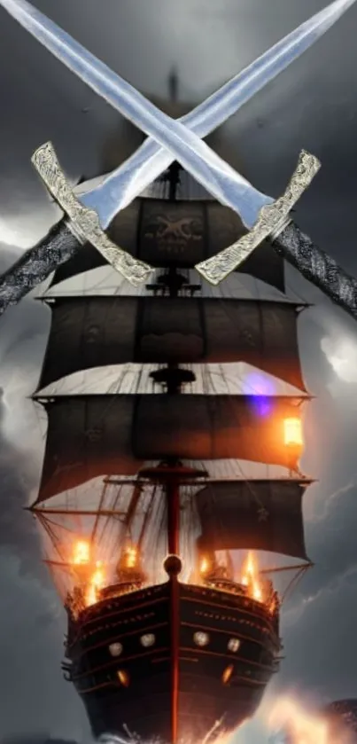 Pirate ship with crossed swords and fiery background wallpaper.