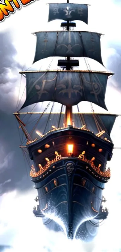 Majestic pirate ship sailing through stormy skies.