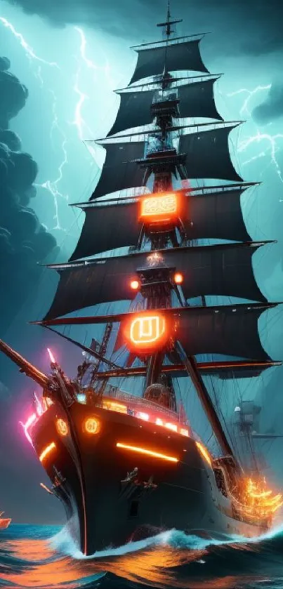 Epic pirate ship in a stormy sea with lightning, digital art wallpaper.