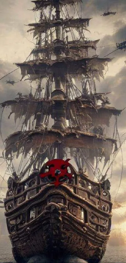 Epic pirate ship with dramatic sky in mobile wallpaper.