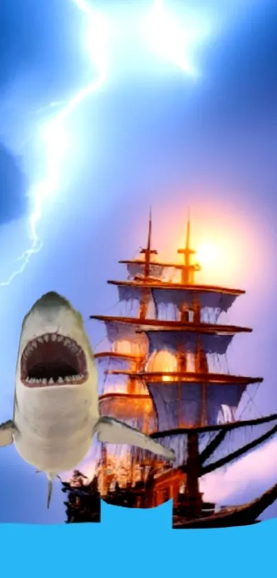 Mobile wallpaper of a pirate ship at sea with a shark and lightning.