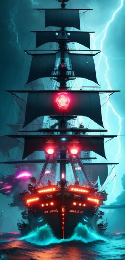 Epic pirate ship under stormy skies with glowing lights.