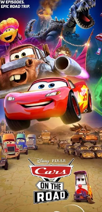 Colorful Pixar Cars adventure mobile wallpaper with vibrant characters.