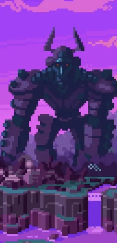 Pixel art wallpaper of a giant robot in a purple-hued landscape.