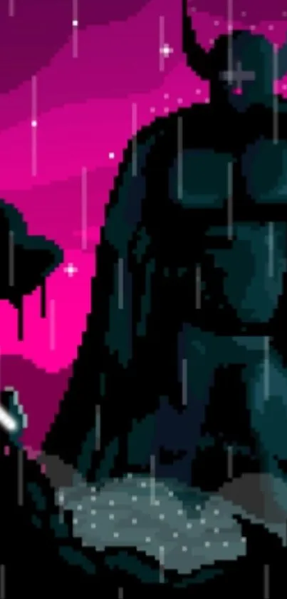 Epic pixel art wallpaper with dark figure and vibrant magenta sky.