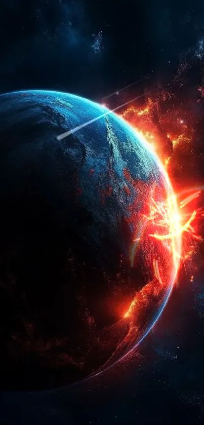 Epic wallpaper of a fiery planet in deep space with flames and dark cosmic backdrop.