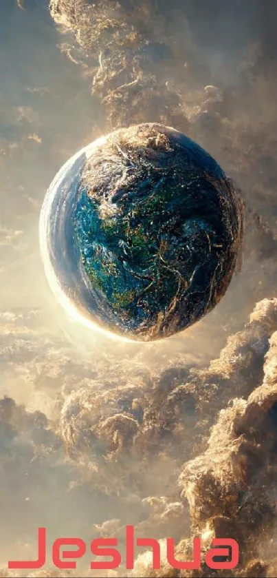 Planet amid swirling clouds in fantasy art.