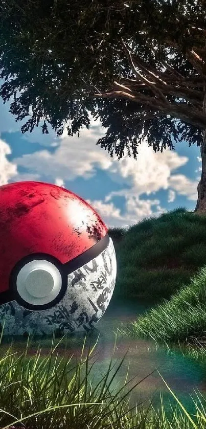 Epic Pokéball in a natural outdoor setting with tree and grass.