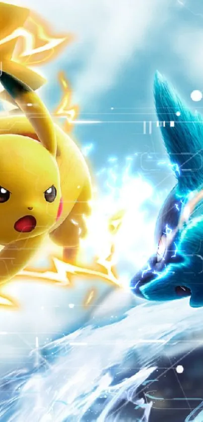 Epic Pokémon battle with Pikachu in action against other creatures.