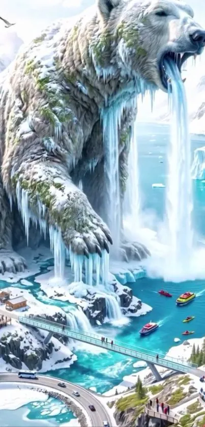 A giant polar bear as a waterfall in an Arctic fantasy landscape.