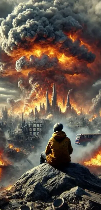 Lone figure overlooking a fiery apocalyptic cityscape.