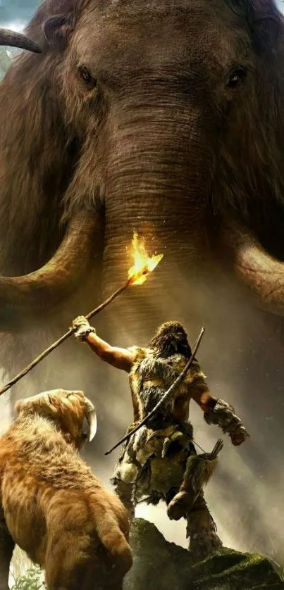 Warrior and wolf face a giant mammoth in an epic prehistoric setting.