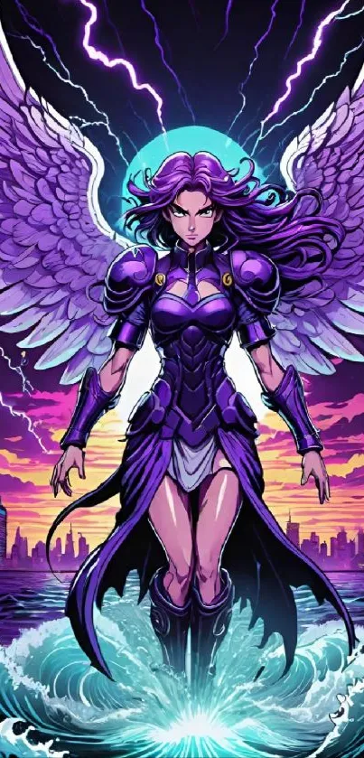 Illustration of a purple-winged angel over a vibrant cityscape, perfect for mobile.