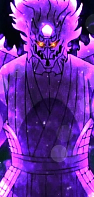 Anime warrior with purple aura and twin swords on a mobile wallpaper.