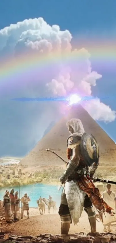 Warrior and pyramid scene with rainbow and sky in mobile wallpaper.