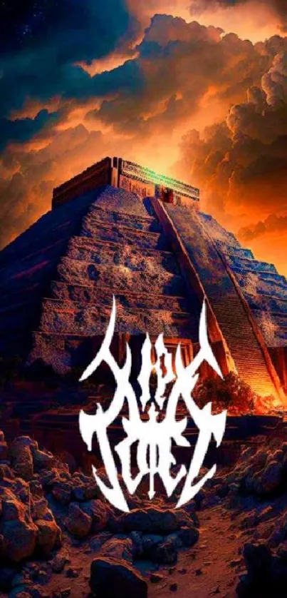 Epic pyramid under dramatic clouds and lighting, creating a mystical digital scene.