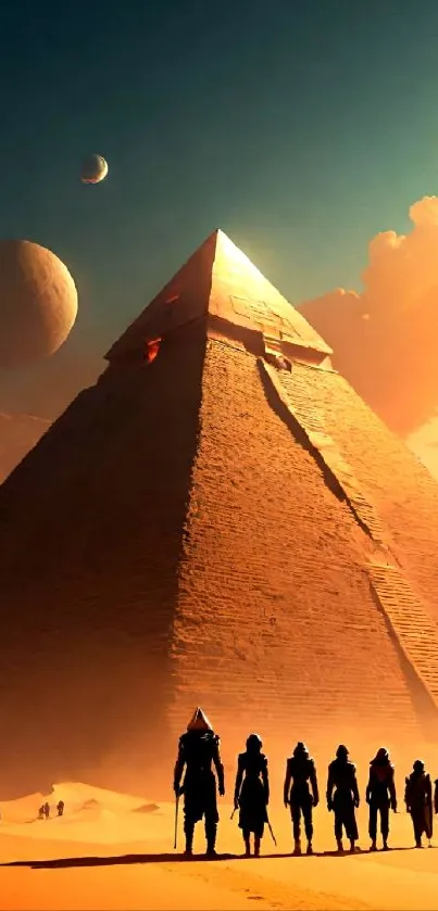 Epic pyramid in a desert with planets in the sky.