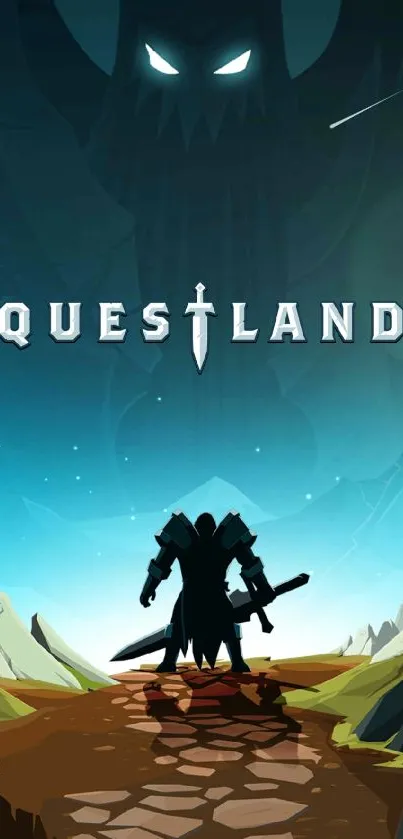 Silhouetted warrior stands in Questland with dark, mysterious background.