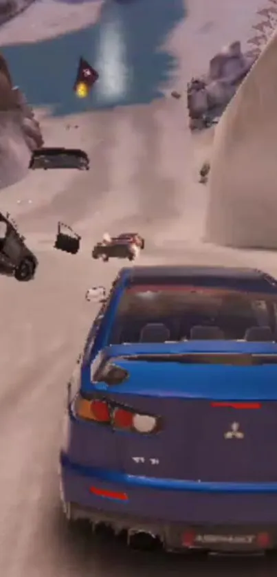 Blue sports car racing through snowy landscape with other vehicles.