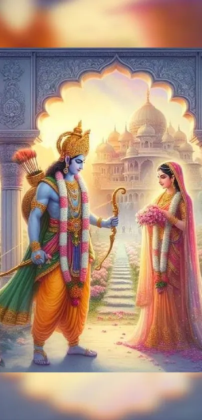 Rama and Sita standing gracefully with a temple in the background.