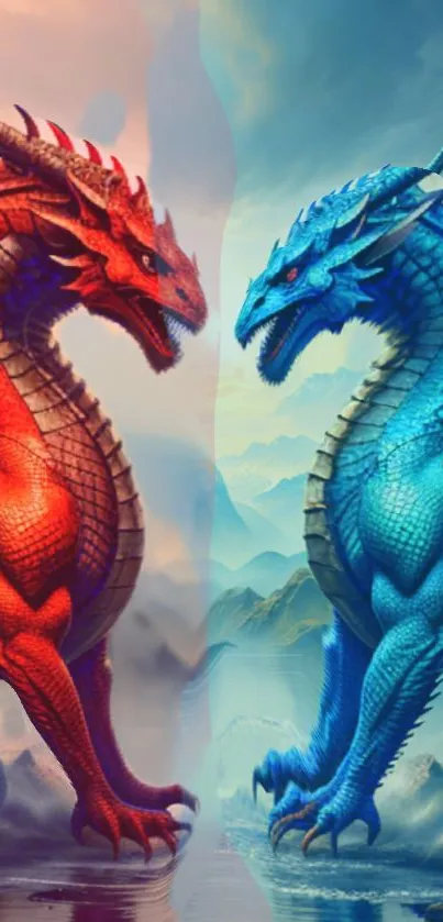 Red and blue dragons in an epic fantasy standoff mobile wallpaper.