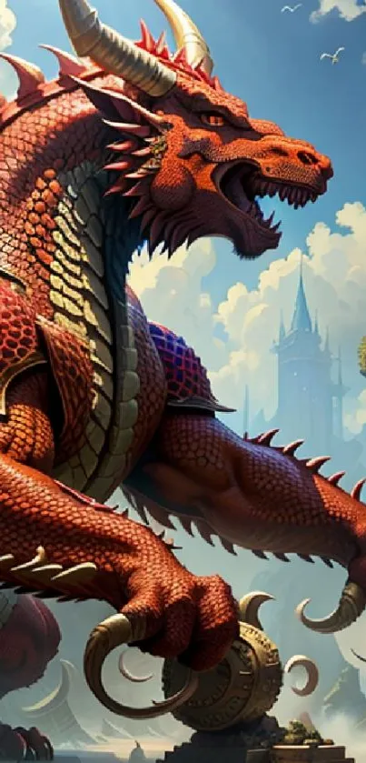 Epic red dragon in a fantasy landscape with blue skies and towering cliffs.