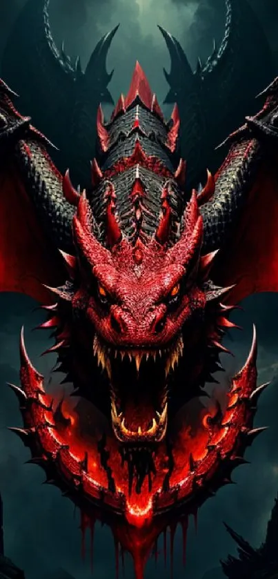 Epic red dragon with glowing eyes and detailed scales on a dark background.