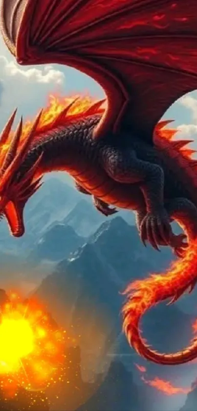 Flying red dragon breathing fire over mountains.