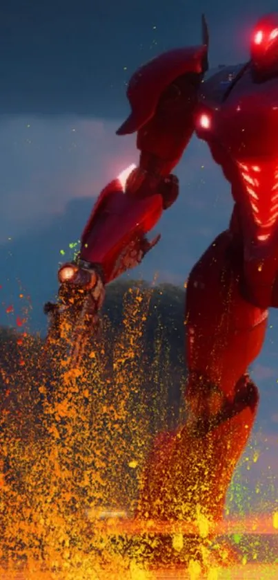 Dynamic red mech with glowing eyes in fiery scene.