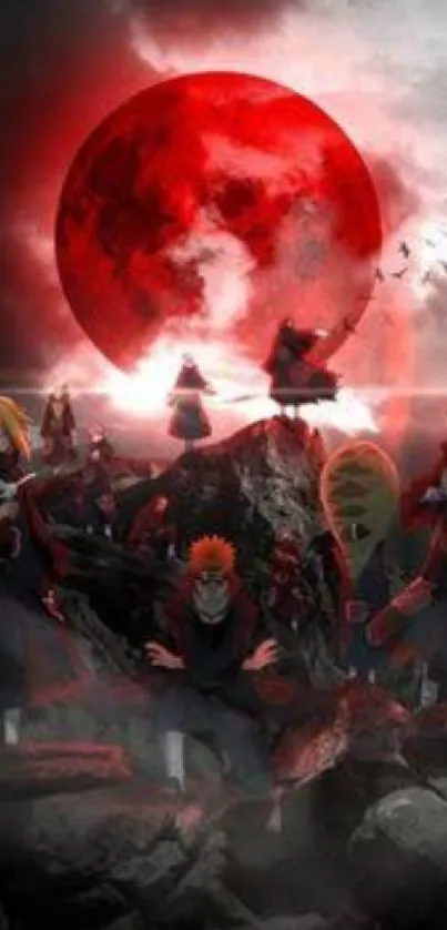 Epic anime scene with red moon and characters.