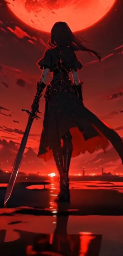 Anime warrior under red moon with sword.