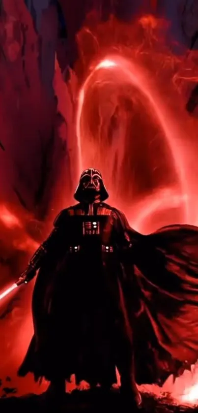 Sci-fi warrior in red glowing energy background.