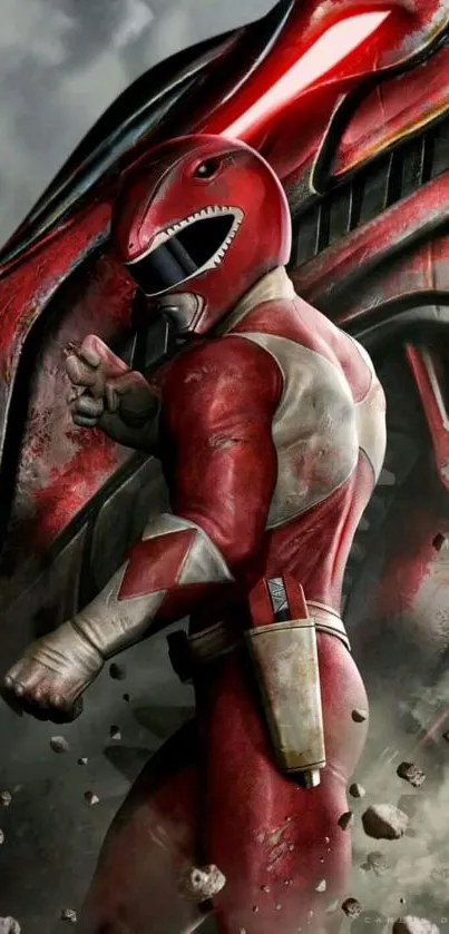 Epic Red Ranger in dynamic heroic pose with powerful armor.