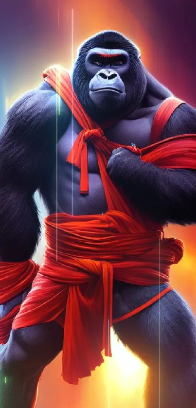 Epic gorilla art with vibrant red cloth on a colorful digital background.