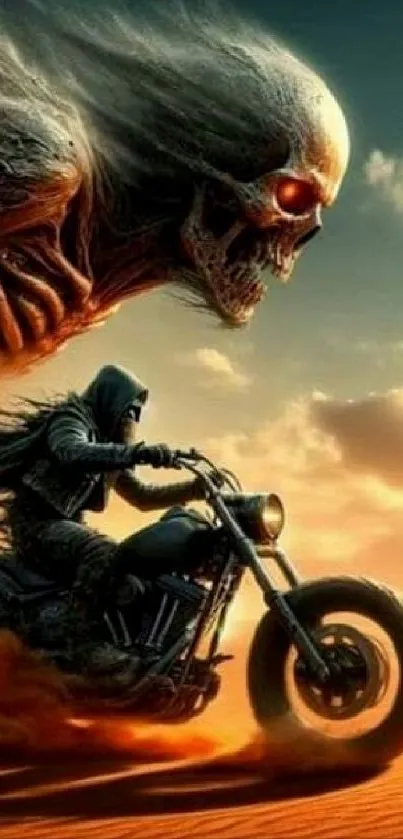 Epic rider with fiery skull under a dramatic sky.