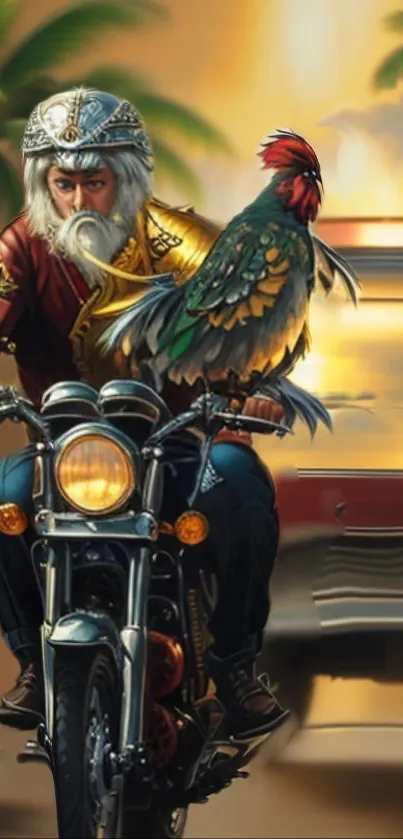 Epic rider with rooster on motorbike, vivid colors, artistic style.