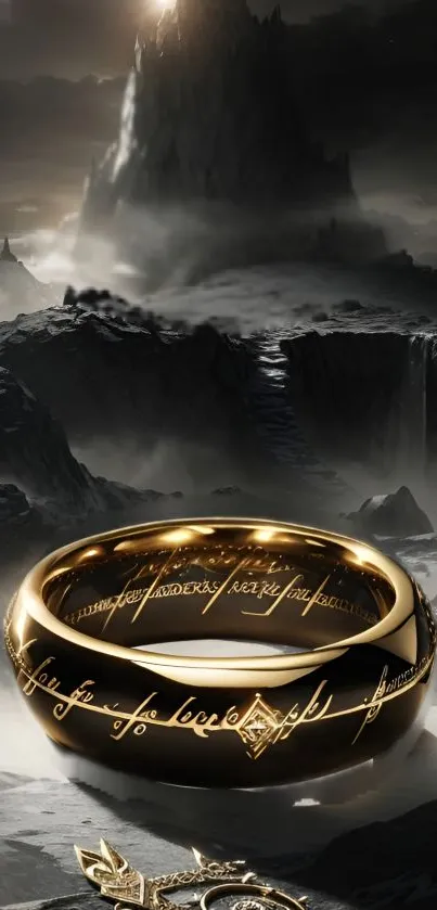 Golden ring on dark mountain wallpaper, mobile fantasy art.