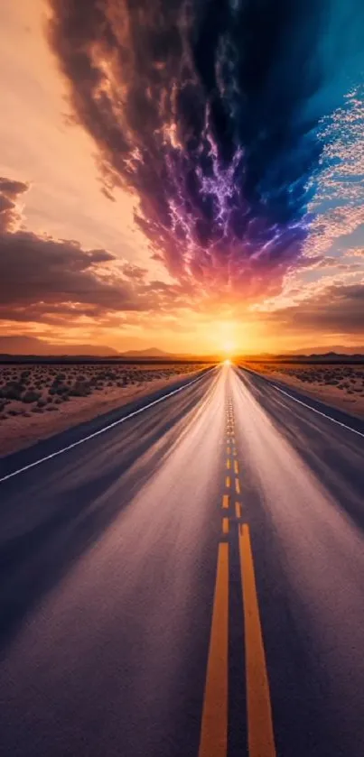 Epic sunset road with vibrant sky and clouds.