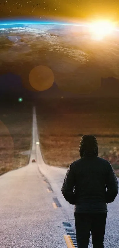 Silhouette walking down a road under a cosmic horizon and starry sky.