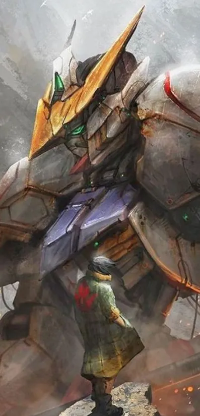 Epic wallpaper of a giant robot and a boy standing below.